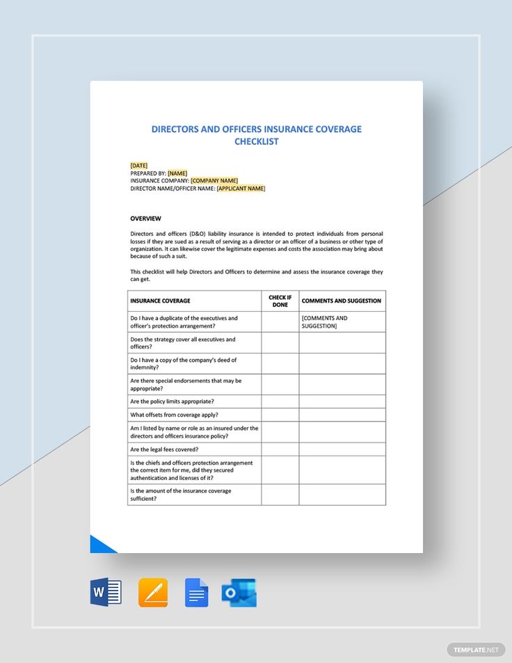 Directors And Officers Insurance Checklist Template In Word Apple Pages