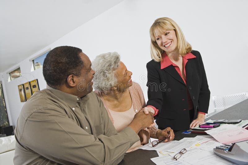 Happy Old Couple Clients Make Financial Deal Handshake Meeting Lawyer Stock Image Image Of